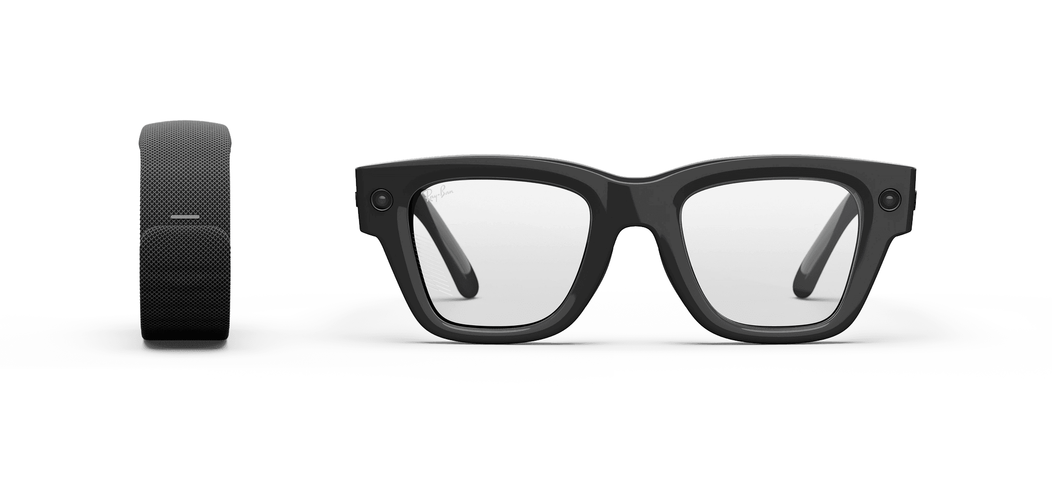Ray-Ban Meta Display glasses beside their wristband controller.