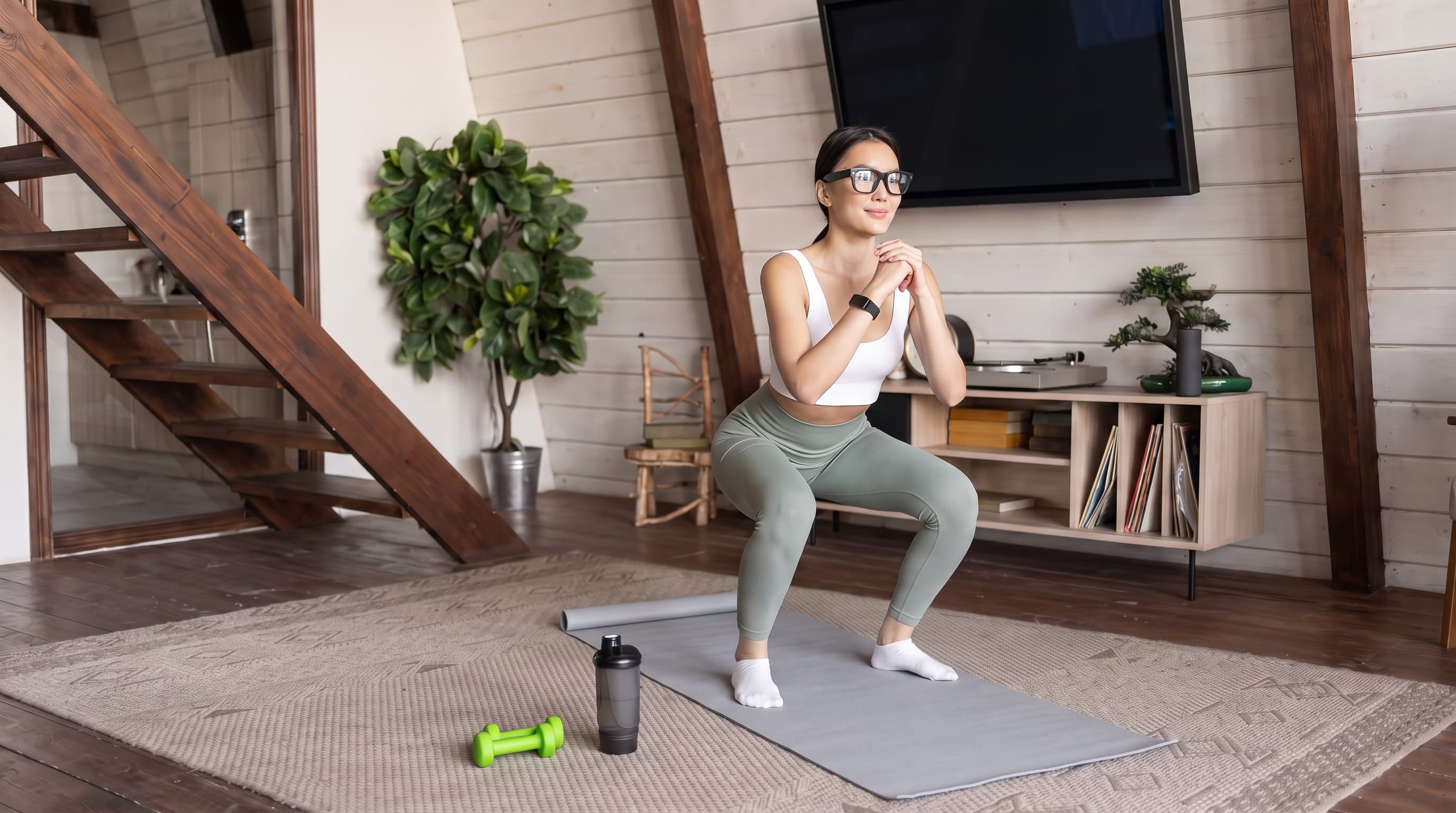 A woman doing a squat in her living room while wearing smart glasses.